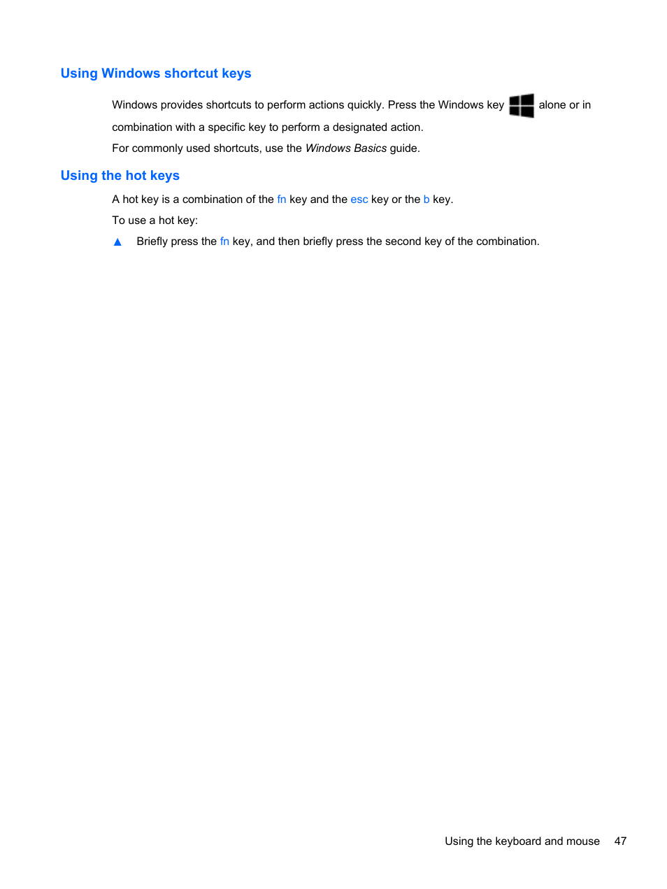 Using windows shortcut keys, Using the hot keys, Using windows shortcut keys using the hot keys | HP Pavilion 11-h112nr x2 PC User Manual | Page 55 / 81