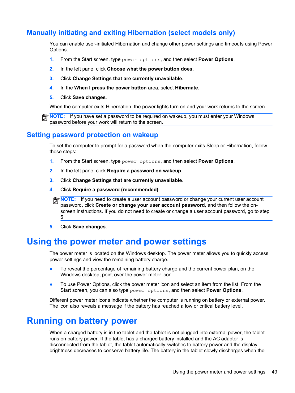 Setting password protection on wakeup, Using the power meter and power settings, Running on battery power | HP Pavilion 11-h112nr x2 PC User Manual | Page 57 / 81