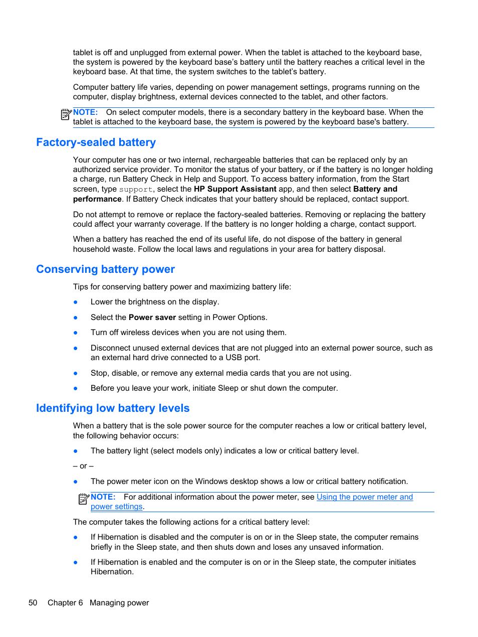 Factory-sealed battery, Conserving battery power, Identifying low battery levels | HP Pavilion 11-h112nr x2 PC User Manual | Page 58 / 81