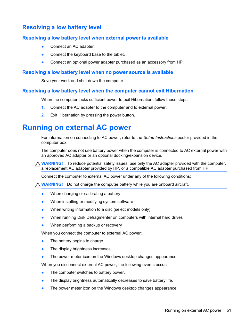 Resolving a low battery level, Running on external ac power | HP Pavilion 11-h112nr x2 PC User Manual | Page 59 / 81