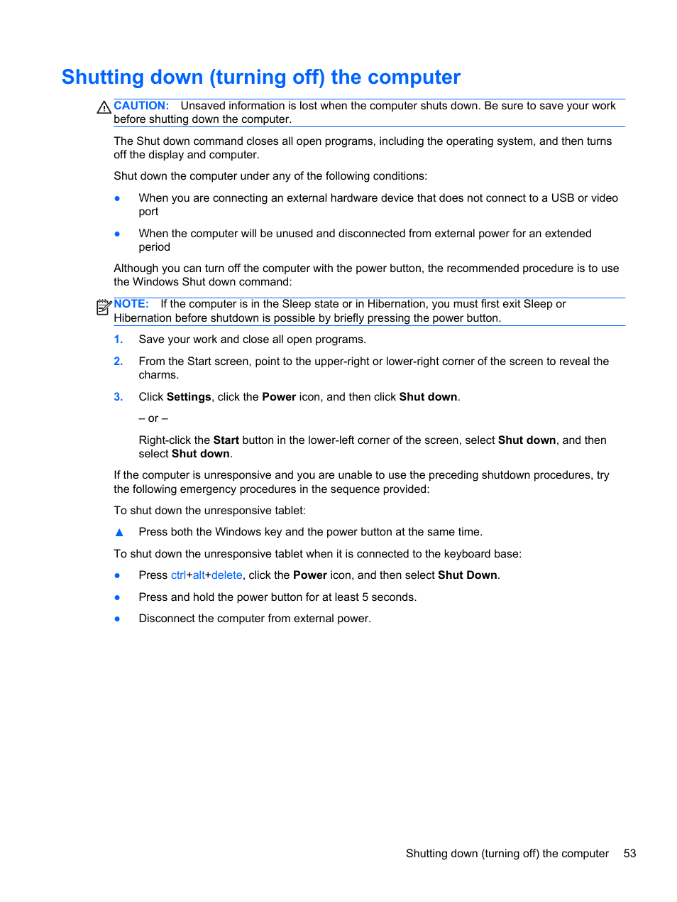 Shutting down (turning off) the computer | HP Pavilion 11-h112nr x2 PC User Manual | Page 61 / 81