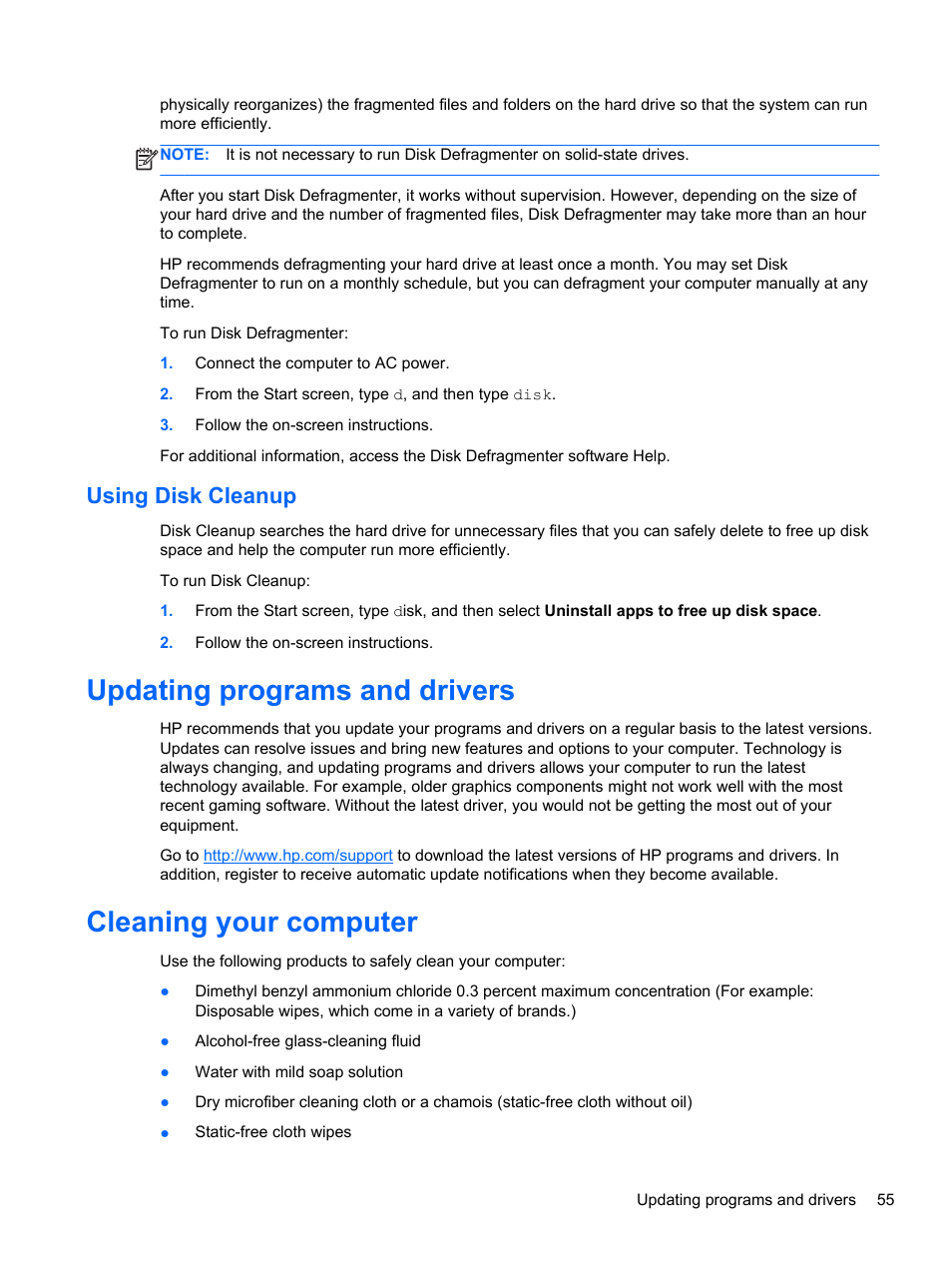 Using disk cleanup, Updating programs and drivers, Cleaning your computer | HP Pavilion 11-h112nr x2 PC User Manual | Page 63 / 81
