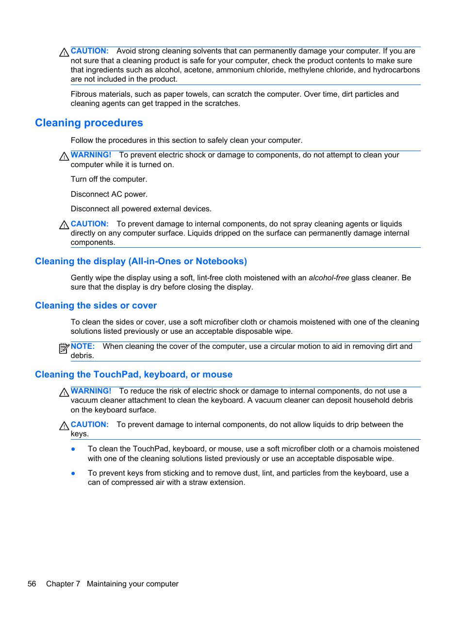 Cleaning procedures, Cleaning the display (all-in-ones or notebooks), Cleaning the sides or cover | Cleaning the touchpad, keyboard, or mouse | HP Pavilion 11-h112nr x2 PC User Manual | Page 64 / 81