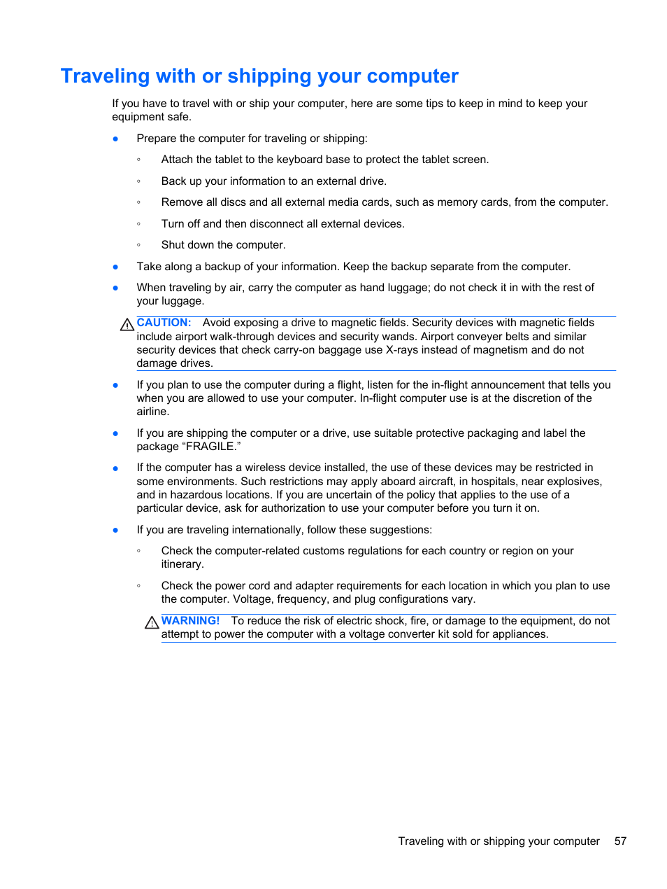 Traveling with or shipping your computer | HP Pavilion 11-h112nr x2 PC User Manual | Page 65 / 81
