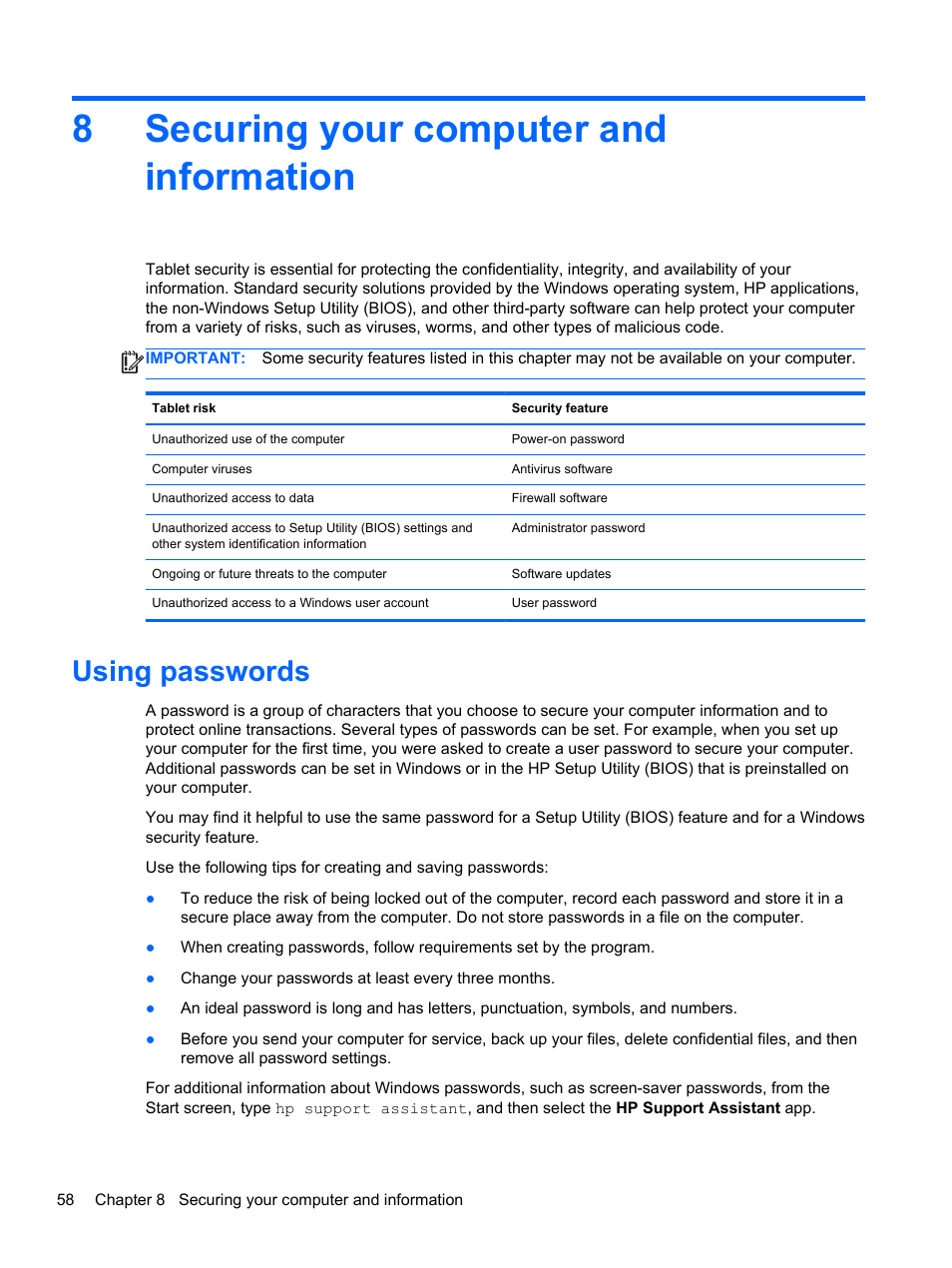 Securing your computer and information, Using passwords, 8 securing your computer and information | 8securing your computer and information | HP Pavilion 11-h112nr x2 PC User Manual | Page 66 / 81
