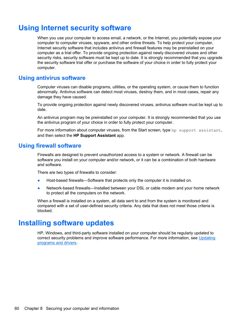 Using internet security software, Using antivirus software, Using firewall software | Installing software updates, Using antivirus software using firewall software | HP Pavilion 11-h112nr x2 PC User Manual | Page 68 / 81