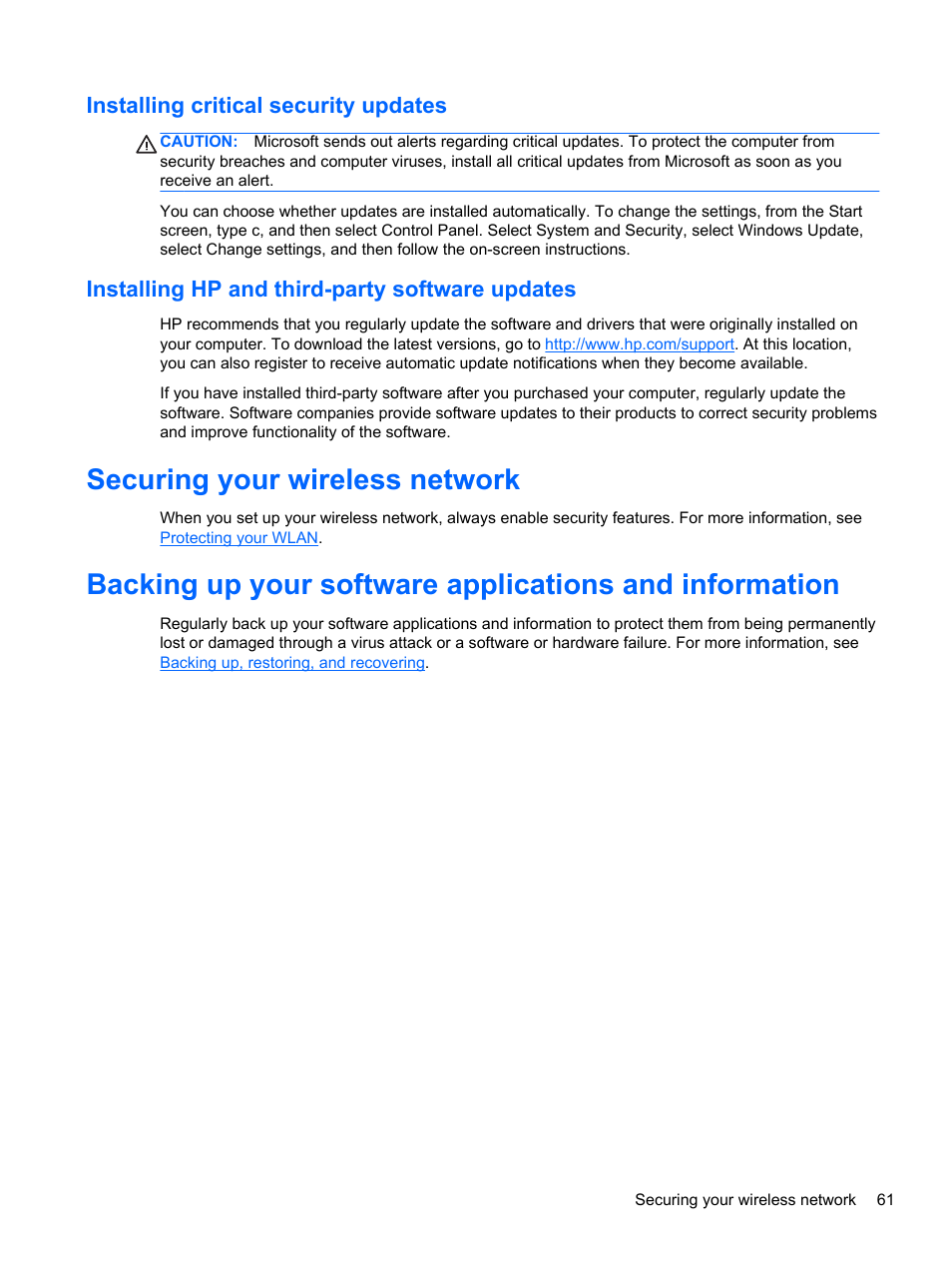 Installing critical security updates, Installing hp and third-party software updates, Securing your wireless network | HP Pavilion 11-h112nr x2 PC User Manual | Page 69 / 81