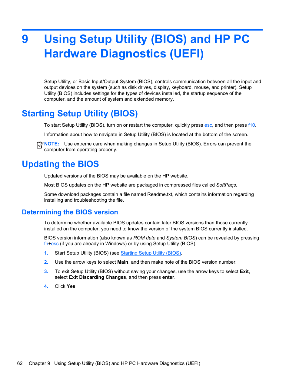 Starting setup utility (bios), Updating the bios, Determining the bios version | Starting setup utility (bios) updating the bios | HP Pavilion 11-h112nr x2 PC User Manual | Page 70 / 81