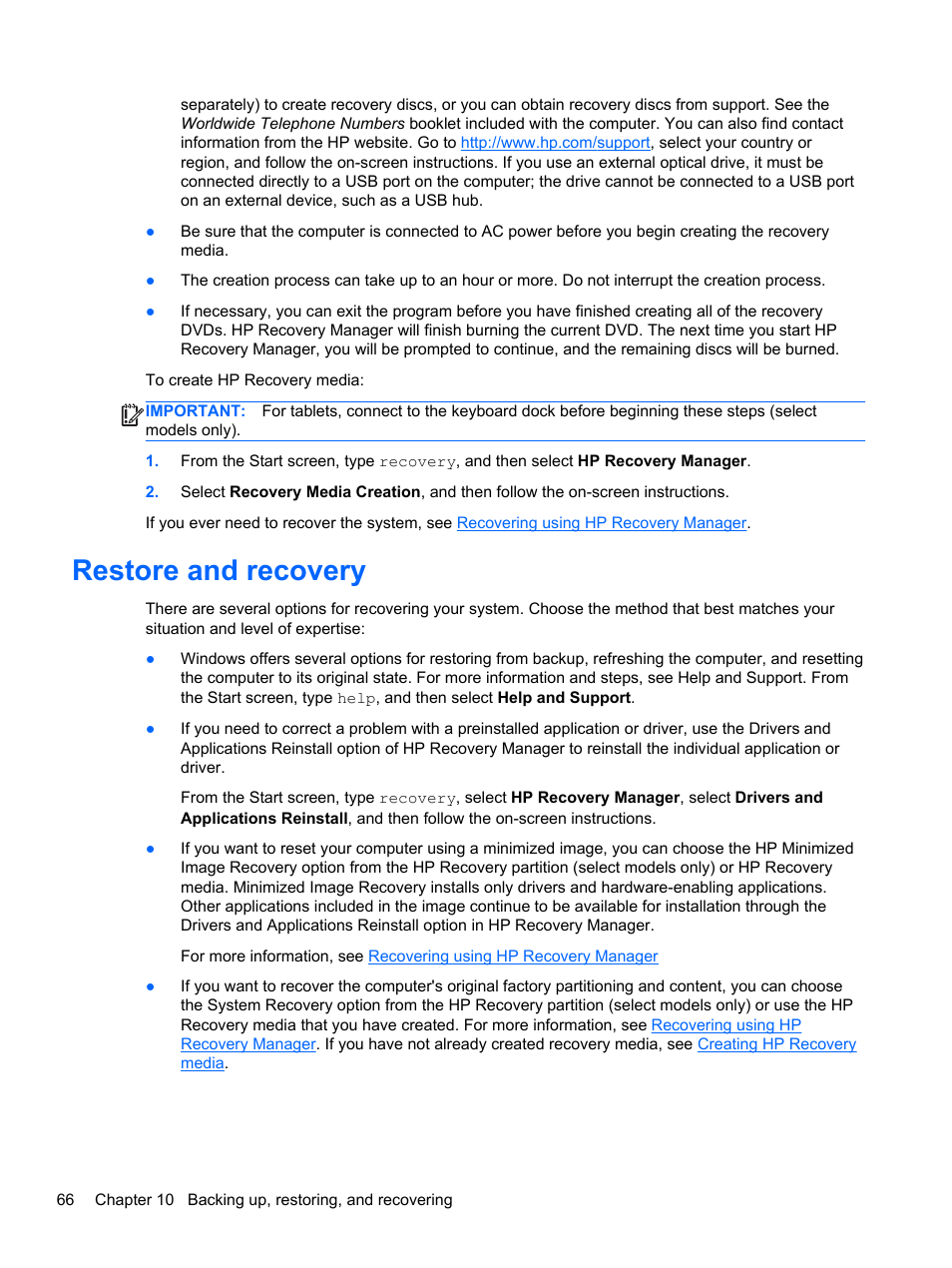 Restore and recovery | HP Pavilion 11-h112nr x2 PC User Manual | Page 74 / 81