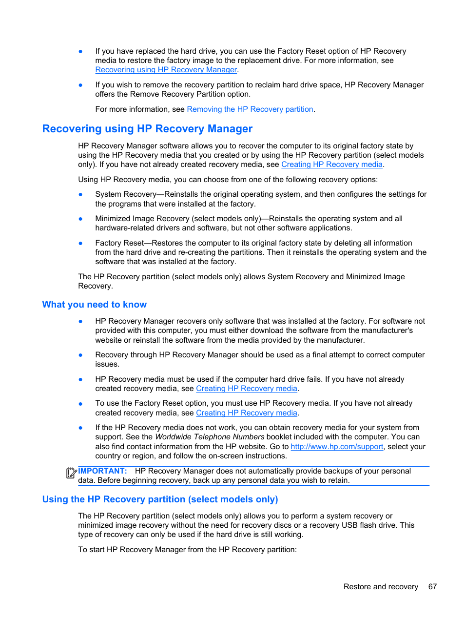 Recovering using hp recovery manager, What you need to know, Recovering using hp | Recovery manager | HP Pavilion 11-h112nr x2 PC User Manual | Page 75 / 81
