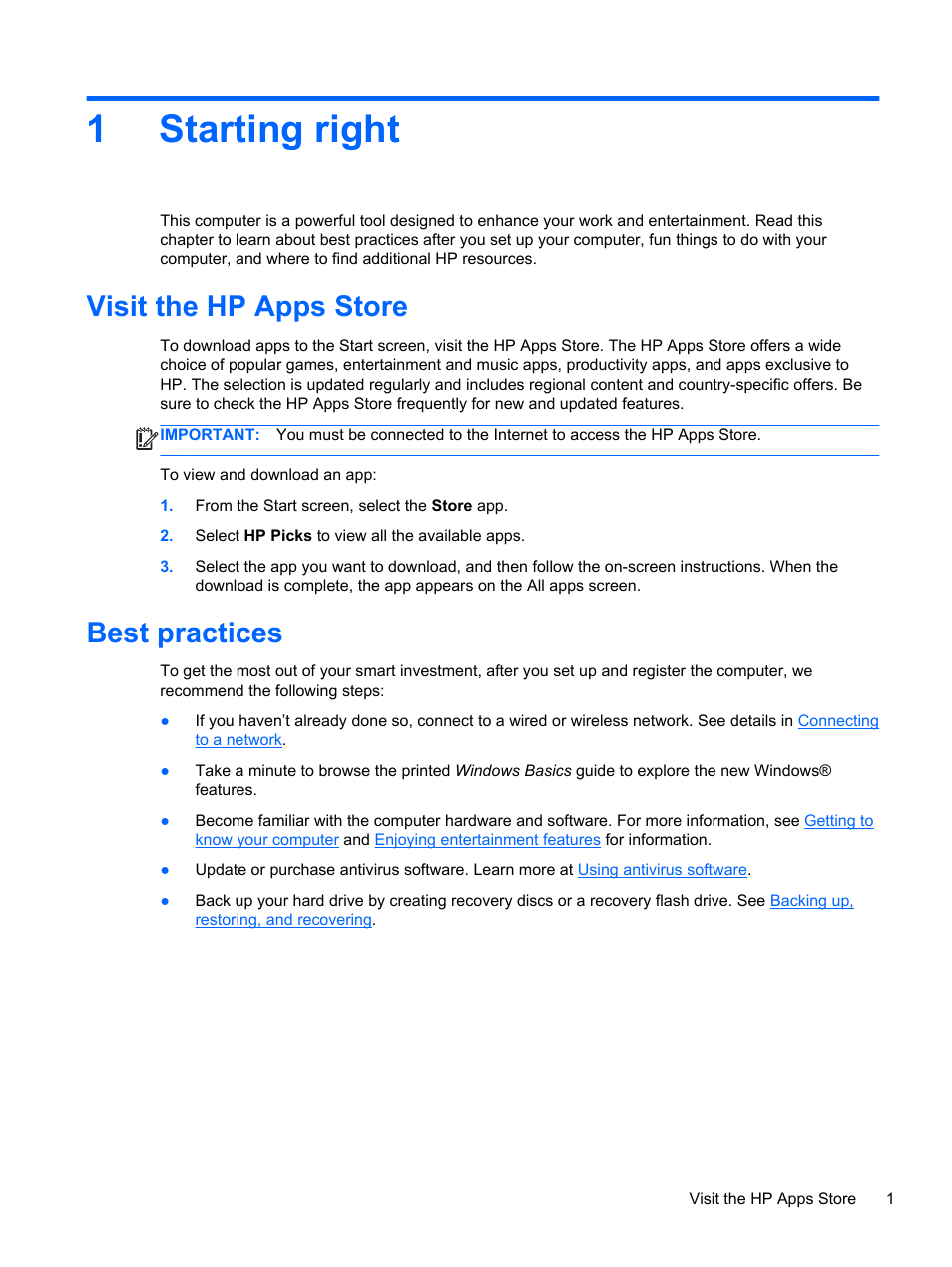 Starting right, Visit the hp apps store, Best practices | 1 starting right, Visit the hp apps store best practices, 1starting right | HP Pavilion 11-h112nr x2 PC User Manual | Page 9 / 81