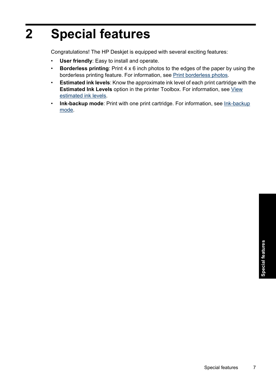 Special features, 2 special features, 2special features | HP Deskjet D1550 Printer User Manual | Page 10 / 113