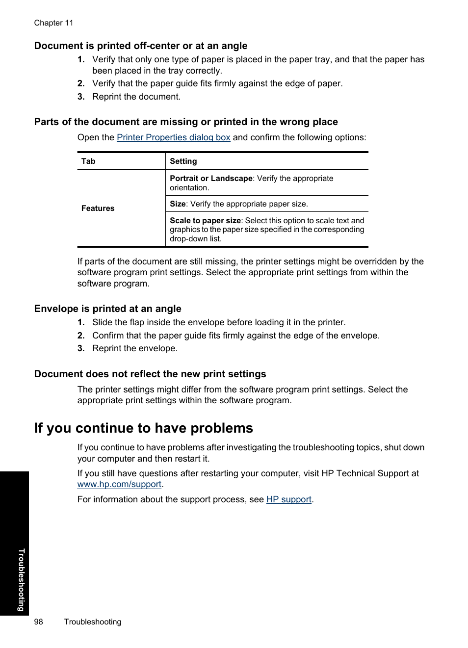 Document is printed off-center or at an angle, Envelope is printed at an angle, Document does not reflect the new print settings | If you continue to have problems | HP Deskjet D1550 Printer User Manual | Page 101 / 113