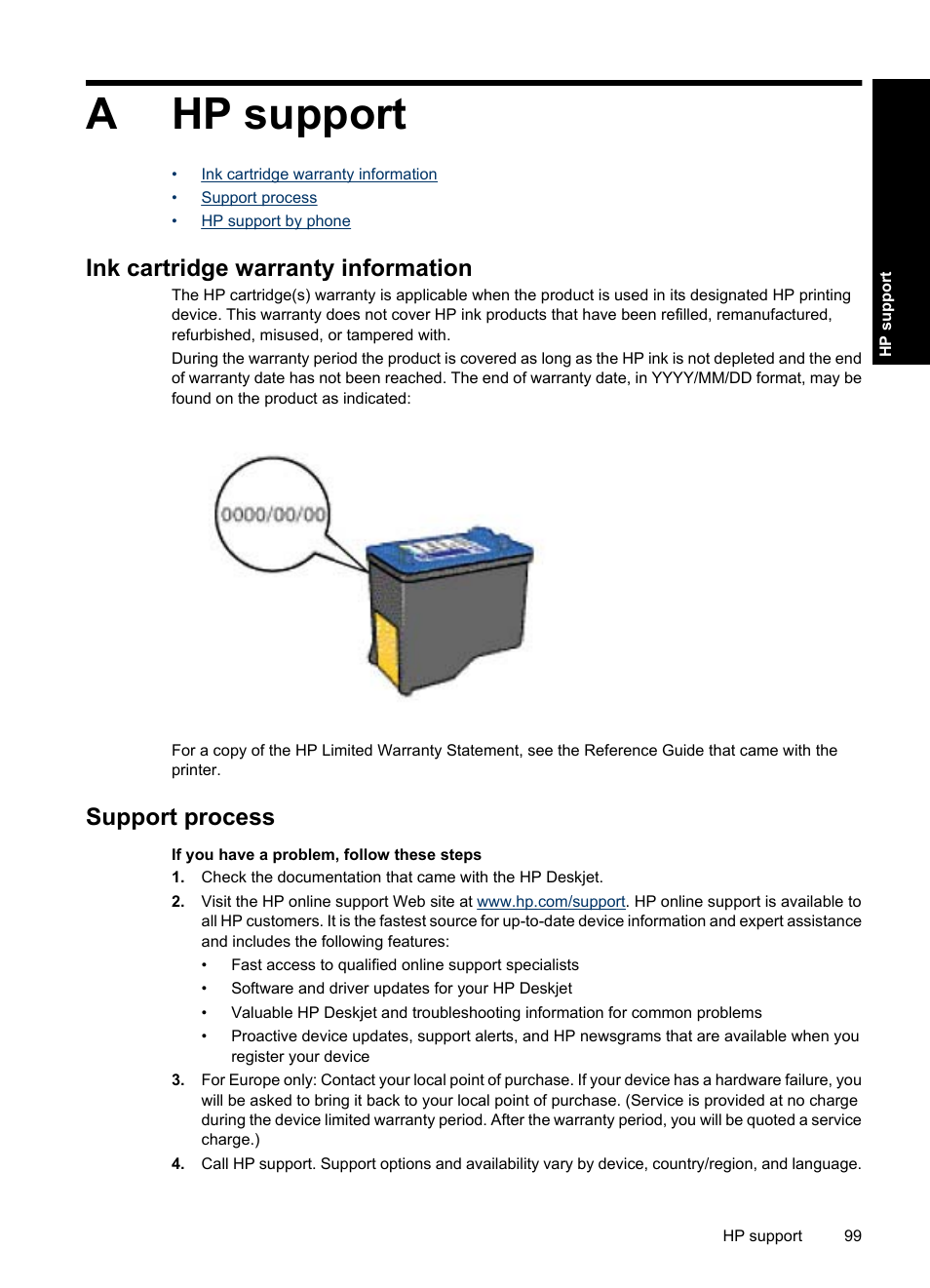 Hp support, Ink cartridge warranty information, Support process | A hp support, Ink cartridge warranty information support process, Ahp support | HP Deskjet D1550 Printer User Manual | Page 102 / 113