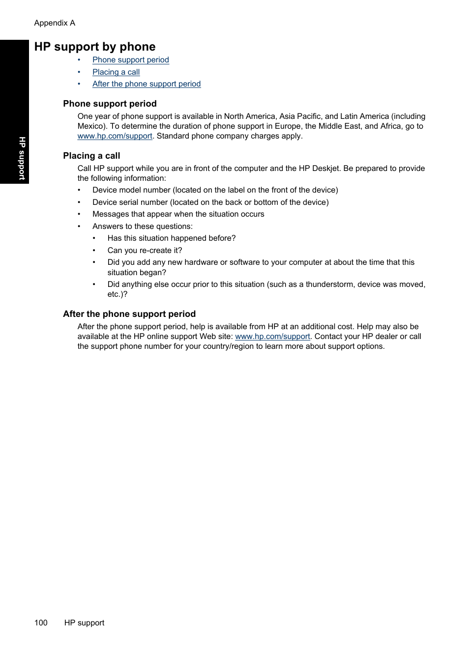 Hp support by phone, Phone support period, Placing a call | After the phone support period | HP Deskjet D1550 Printer User Manual | Page 103 / 113