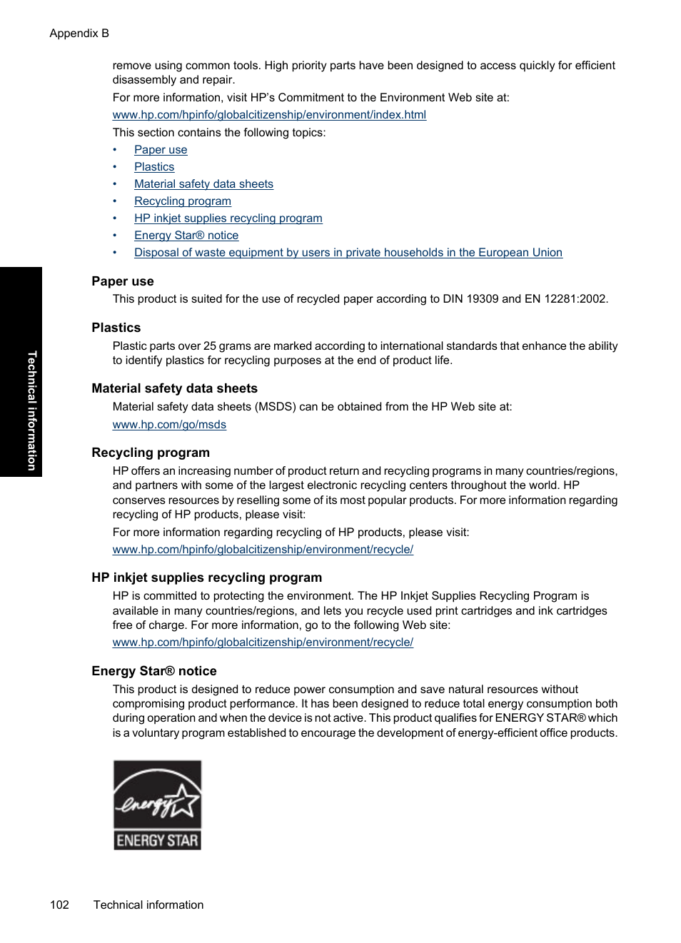 Paper use, Plastics, Material safety data sheets | Recycling program, Hp inkjet supplies recycling program, Energy star® notice, Ridges, see, Hp inkjet supplies recycling, Program | HP Deskjet D1550 Printer User Manual | Page 105 / 113