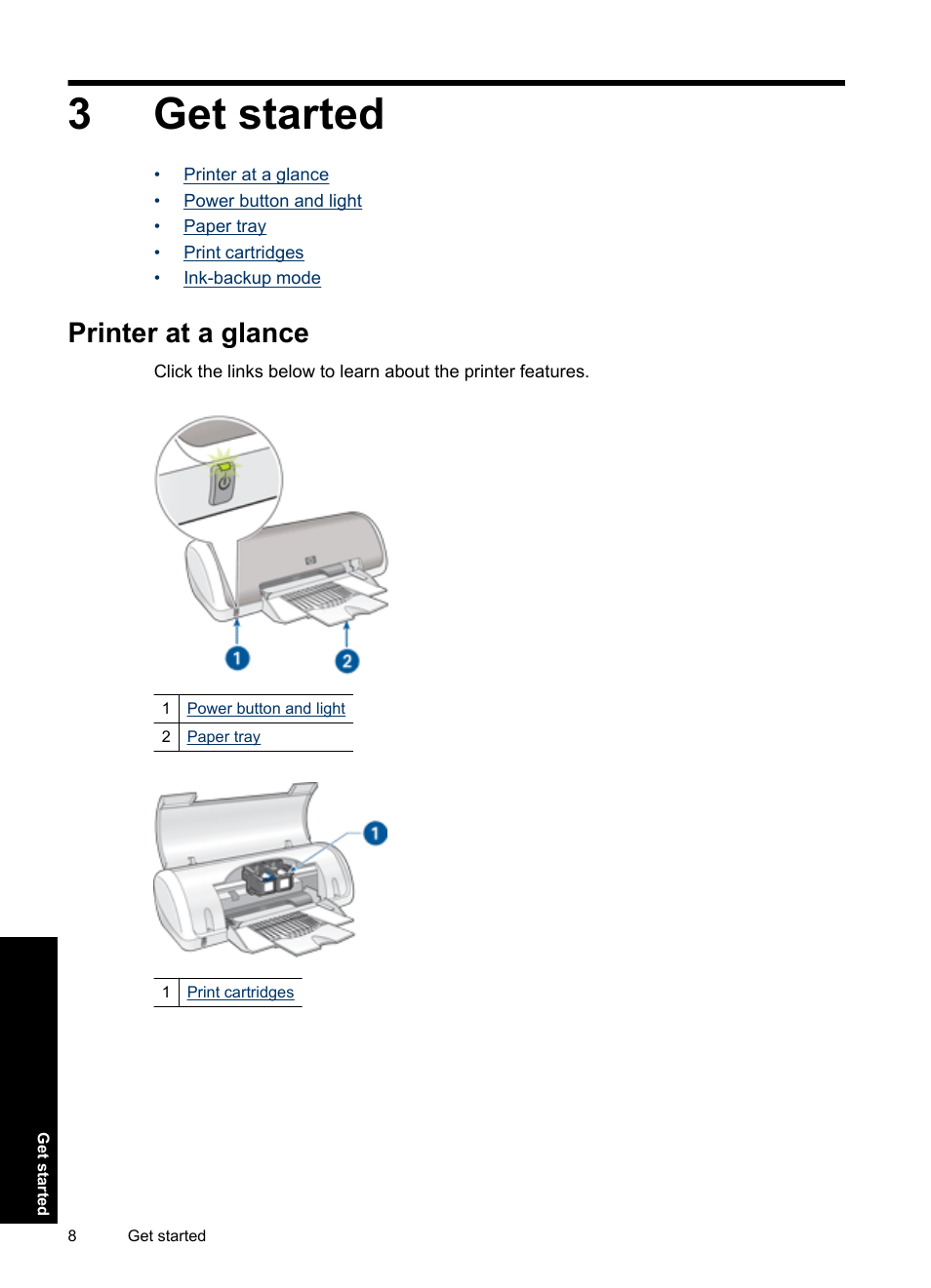 Get started, Printer at a glance, 3 get started | 3get started | HP Deskjet D1550 Printer User Manual | Page 11 / 113