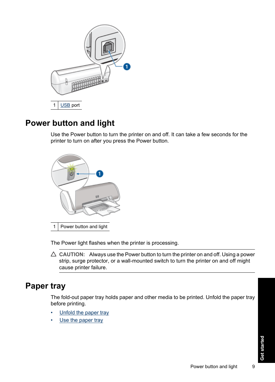 Power button and light, Paper tray, Power button and light paper tray | Unfold the paper tray use the paper tray | HP Deskjet D1550 Printer User Manual | Page 12 / 113