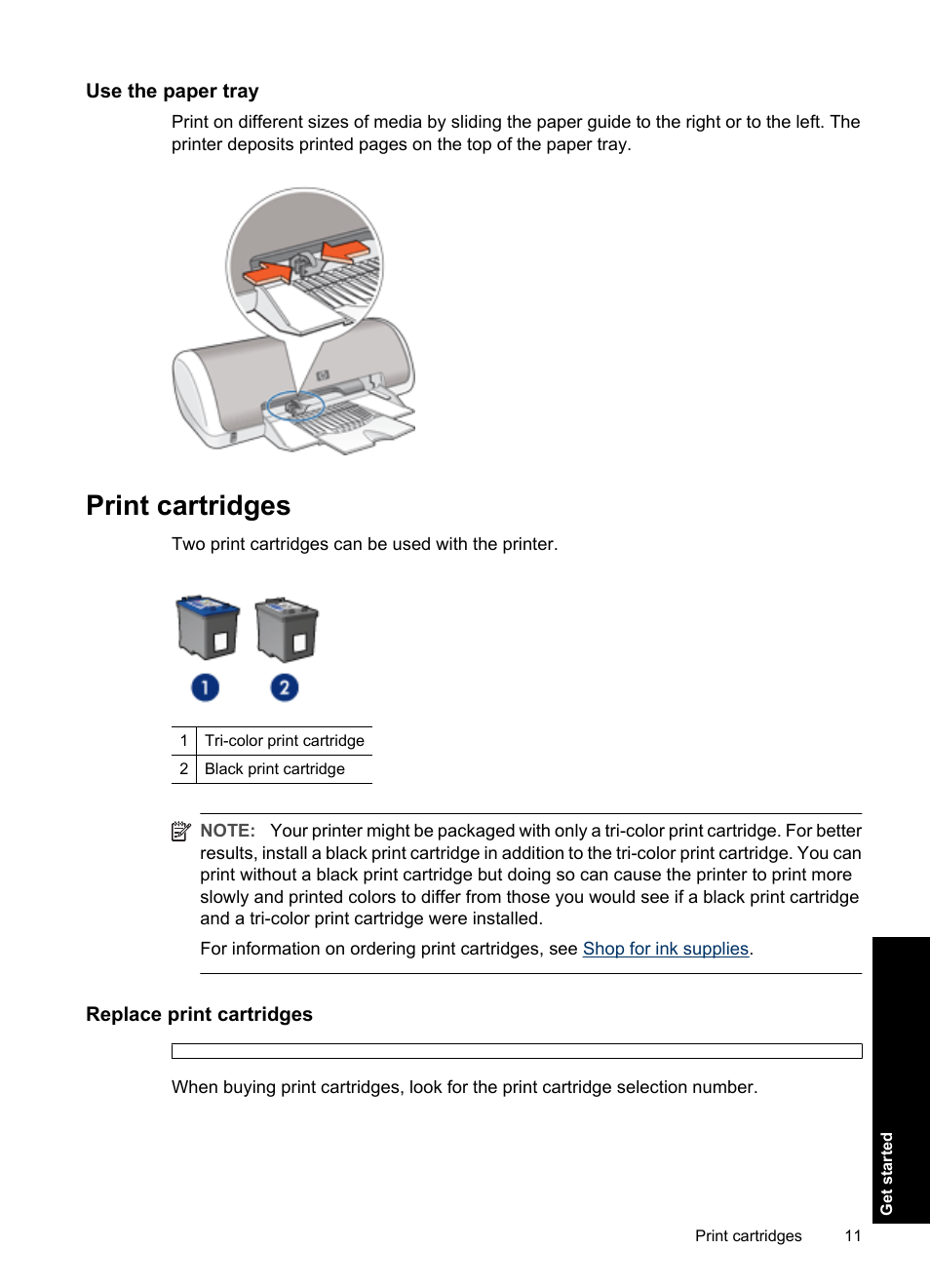 Use the paper tray, Print cartridges, Replace print cartridges | HP Deskjet D1550 Printer User Manual | Page 14 / 113