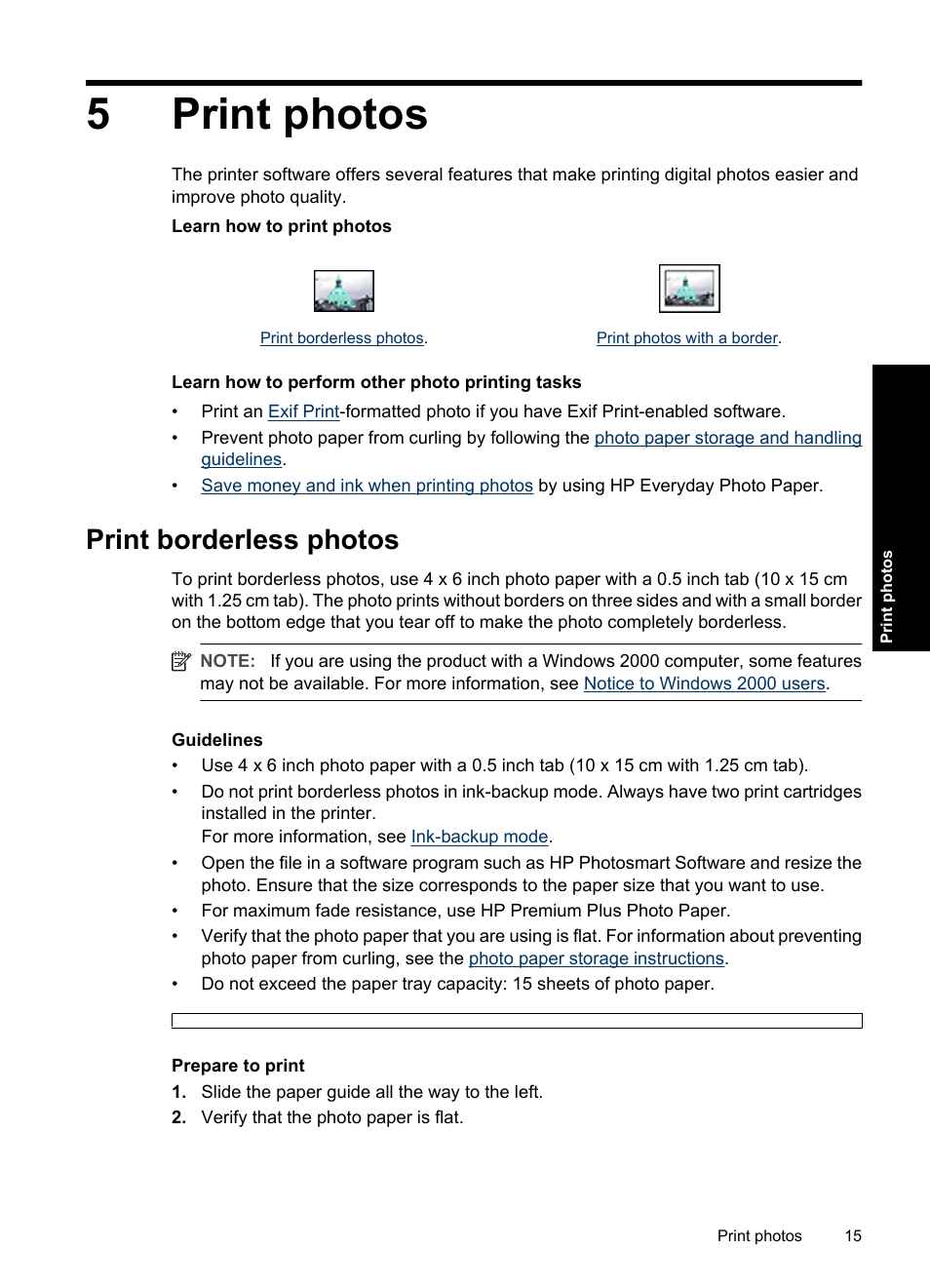Print photos, Print borderless photos, 5 print photos | 5print photos | HP Deskjet D1550 Printer User Manual | Page 18 / 113