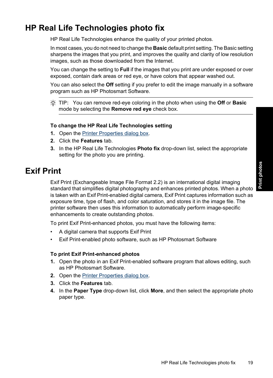 Hp real life technologies photo fix, Exif print, Hp real life technologies photo fix exif print | HP Deskjet D1550 Printer User Manual | Page 22 / 113