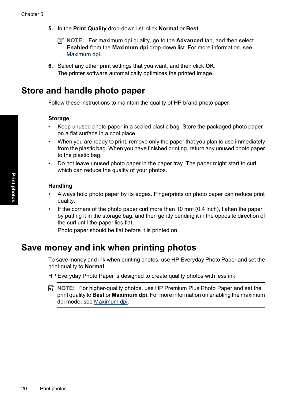 Store and handle photo paper, Save money and ink when printing photos, Photo paper storage and handling | Guidelines, By usi, Photo paper storage instructions | HP Deskjet D1550 Printer User Manual | Page 23 / 113