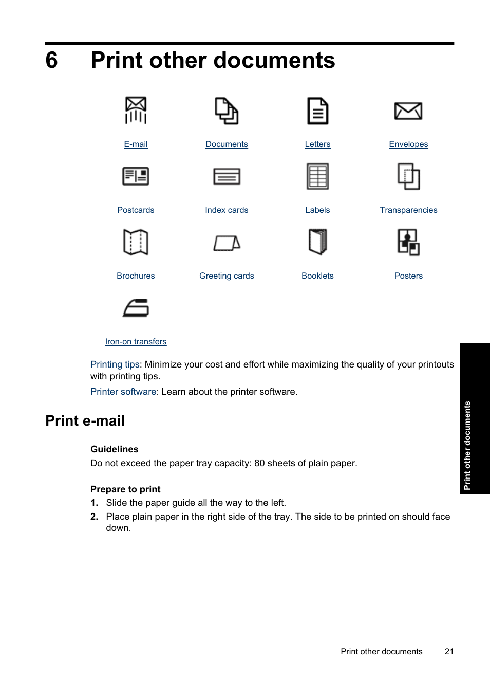 Print other documents, Print e-mail, 6 print other documents | 6print other documents | HP Deskjet D1550 Printer User Manual | Page 24 / 113