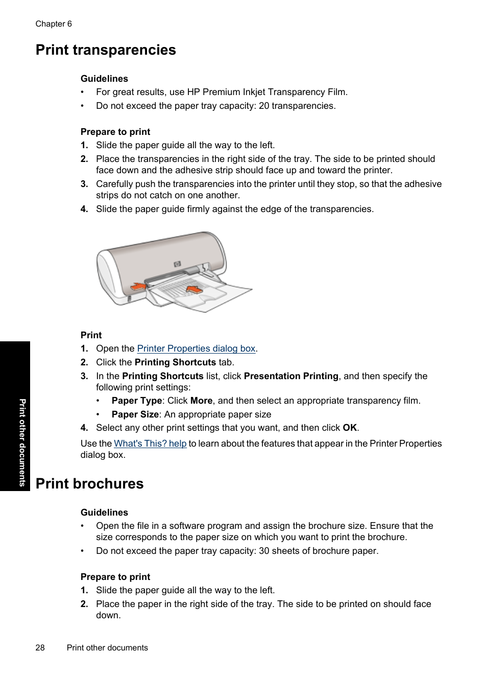 Print transparencies, Print brochures, Print transparencies print brochures | Transparencies, Brochures | HP Deskjet D1550 Printer User Manual | Page 31 / 113