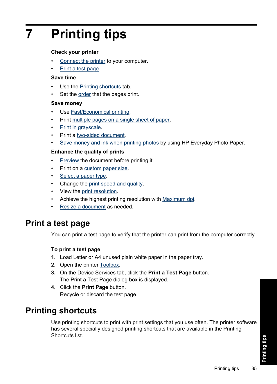 Printing tips, Printing shortcuts, 7 printing tips | 7printing tips, Print a test page | HP Deskjet D1550 Printer User Manual | Page 38 / 113