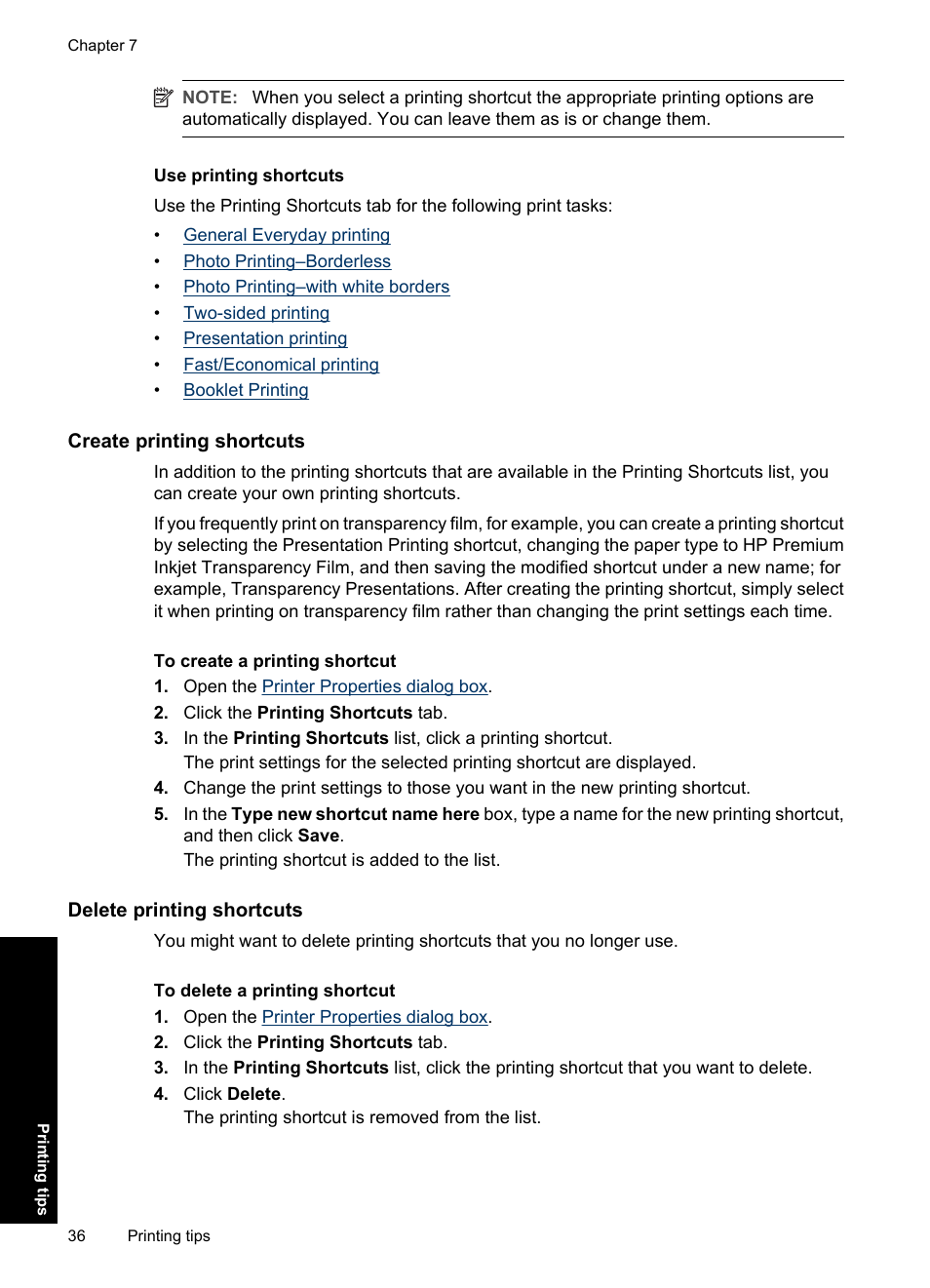 Create printing shortcuts, Delete printing shortcuts | HP Deskjet D1550 Printer User Manual | Page 39 / 113