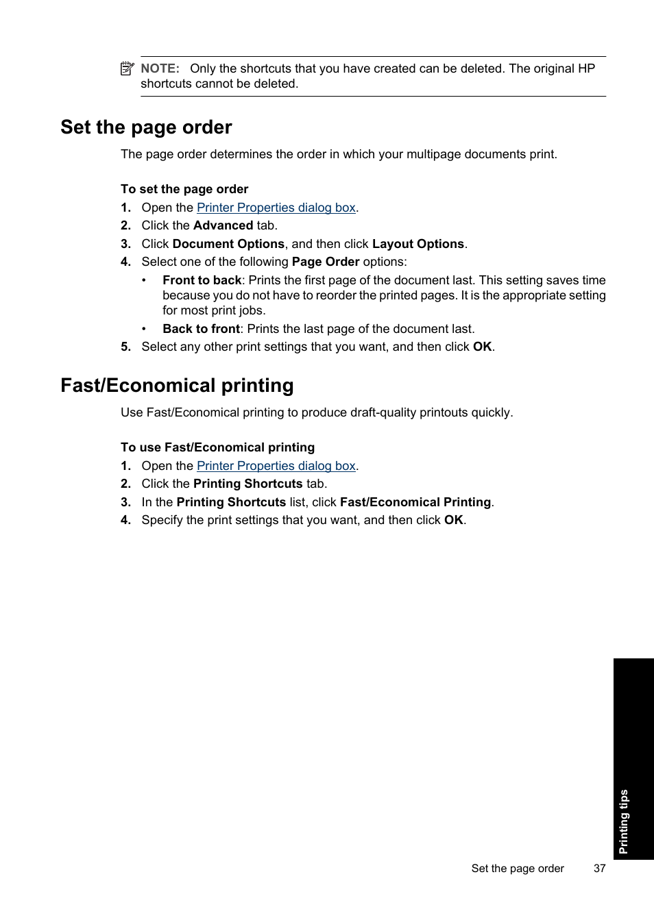 Fast/economical printing, Order, Set the page order | HP Deskjet D1550 Printer User Manual | Page 40 / 113