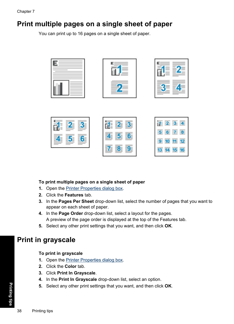 Print in grayscale, Print multiple pages on a single sheet of paper | HP Deskjet D1550 Printer User Manual | Page 41 / 113