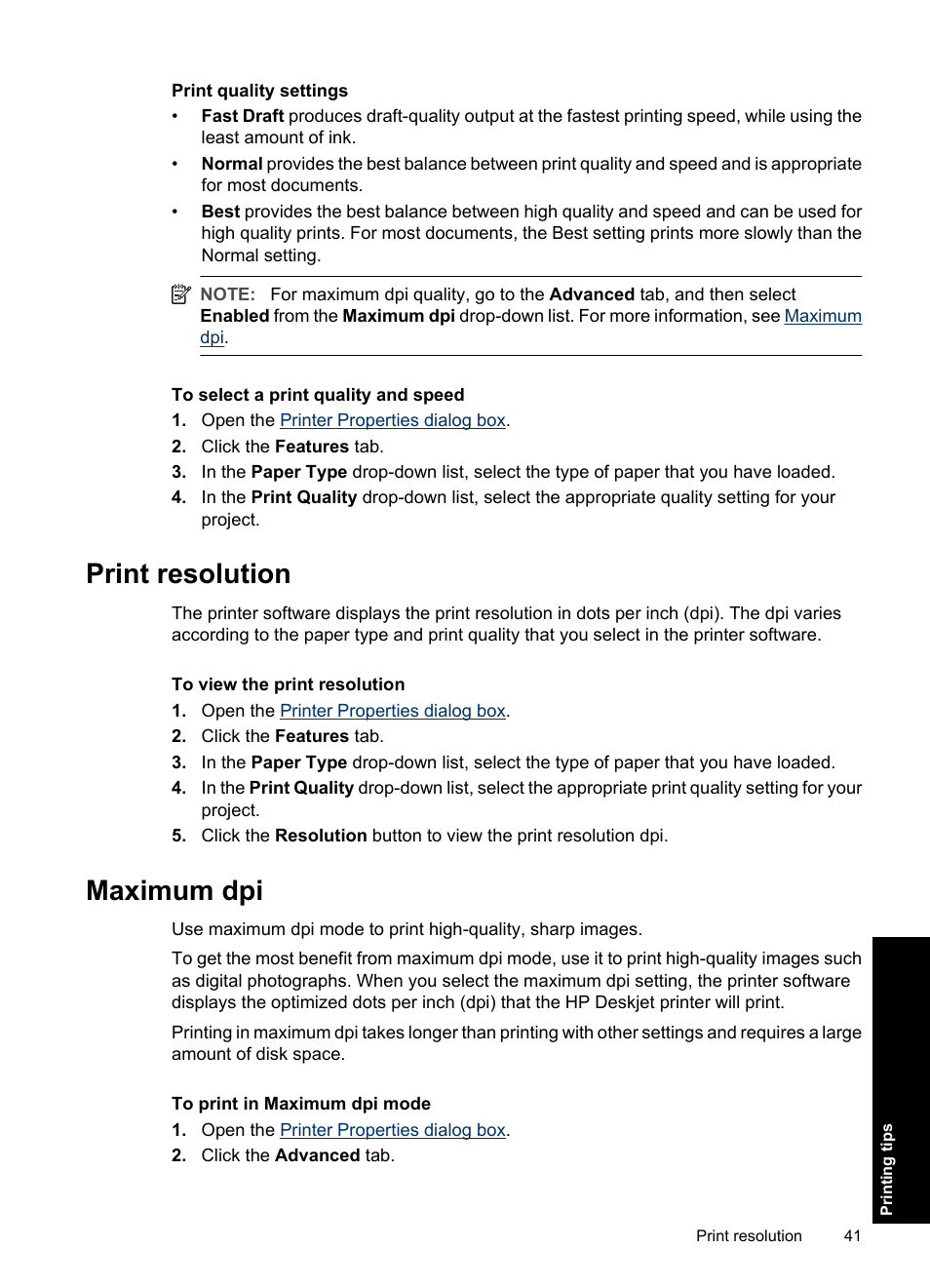 Print resolution, Maximum dpi, Print resolution maximum dpi | HP Deskjet D1550 Printer User Manual | Page 44 / 113