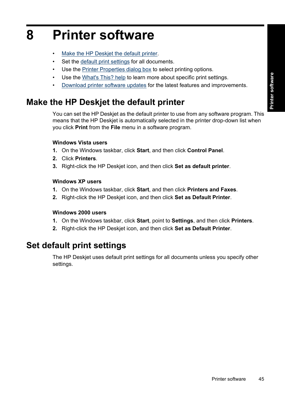 Printer software, Make the hp deskjet the default printer, Set default print settings | 8 printer software, 8printer software | HP Deskjet D1550 Printer User Manual | Page 48 / 113