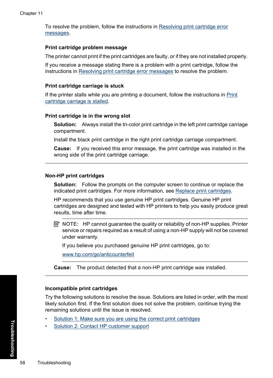 Print cartridge problem message, Print cartridge carriage is stuck, Incompatible print cartridges | Print cartridge is in the wrong slot, Non-hp print cartridges | HP Deskjet D1550 Printer User Manual | Page 61 / 113