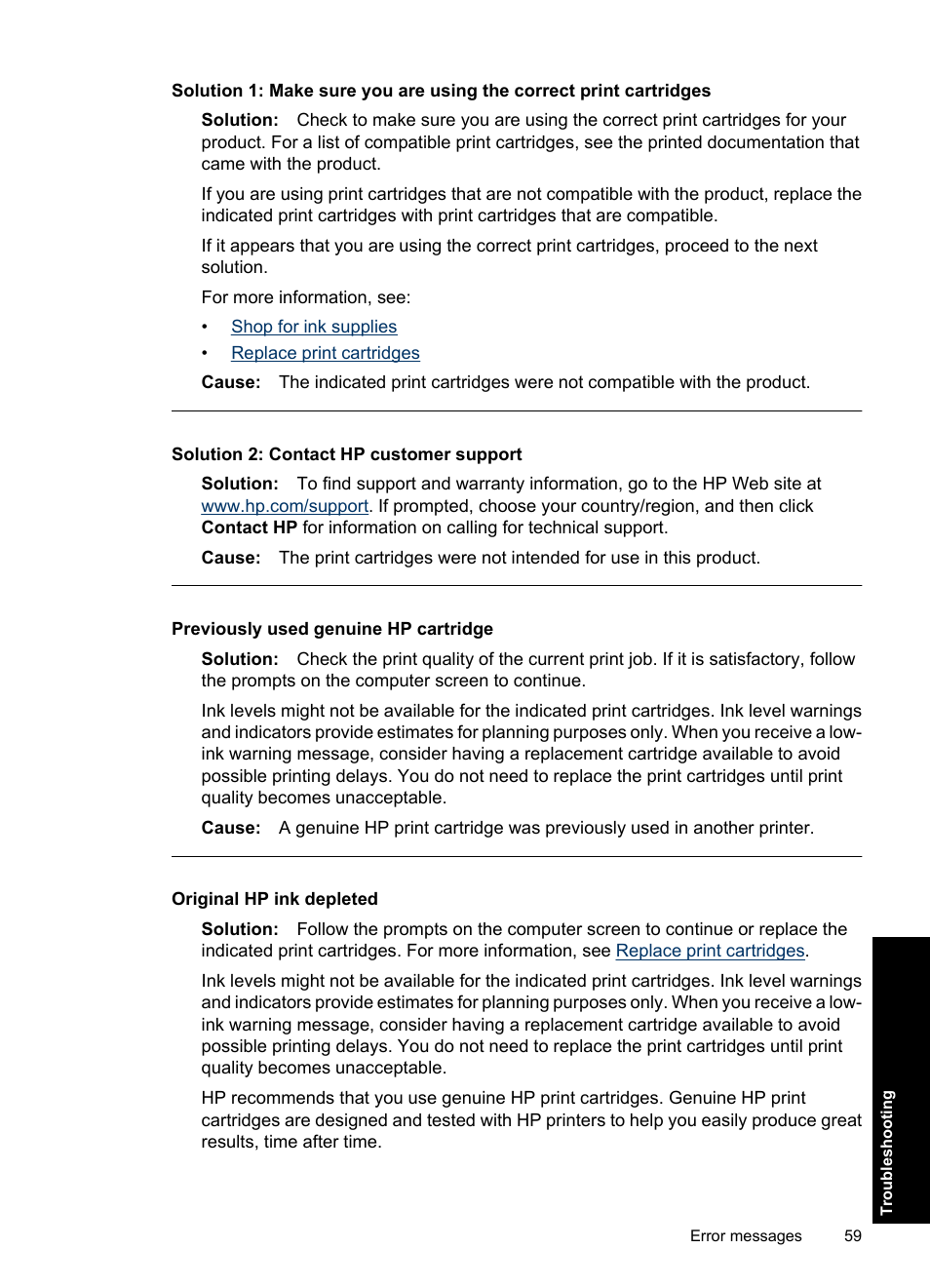 Previously used genuine hp cartridge, Original hp ink depleted, Solution 2: contact hp customer support | HP Deskjet D1550 Printer User Manual | Page 62 / 113