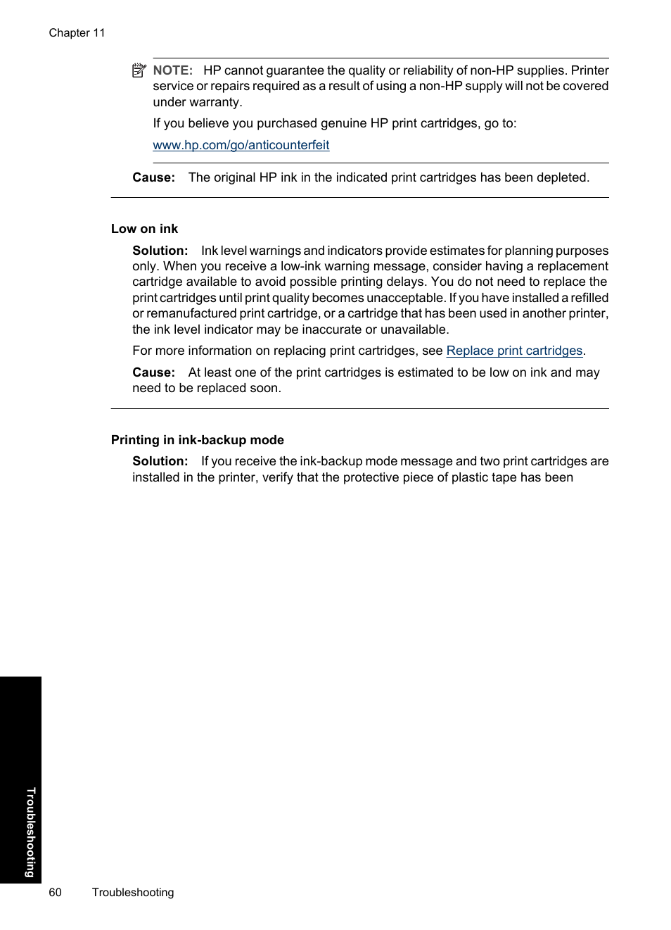 Low on ink, Printing in ink-backup mode | HP Deskjet D1550 Printer User Manual | Page 63 / 113