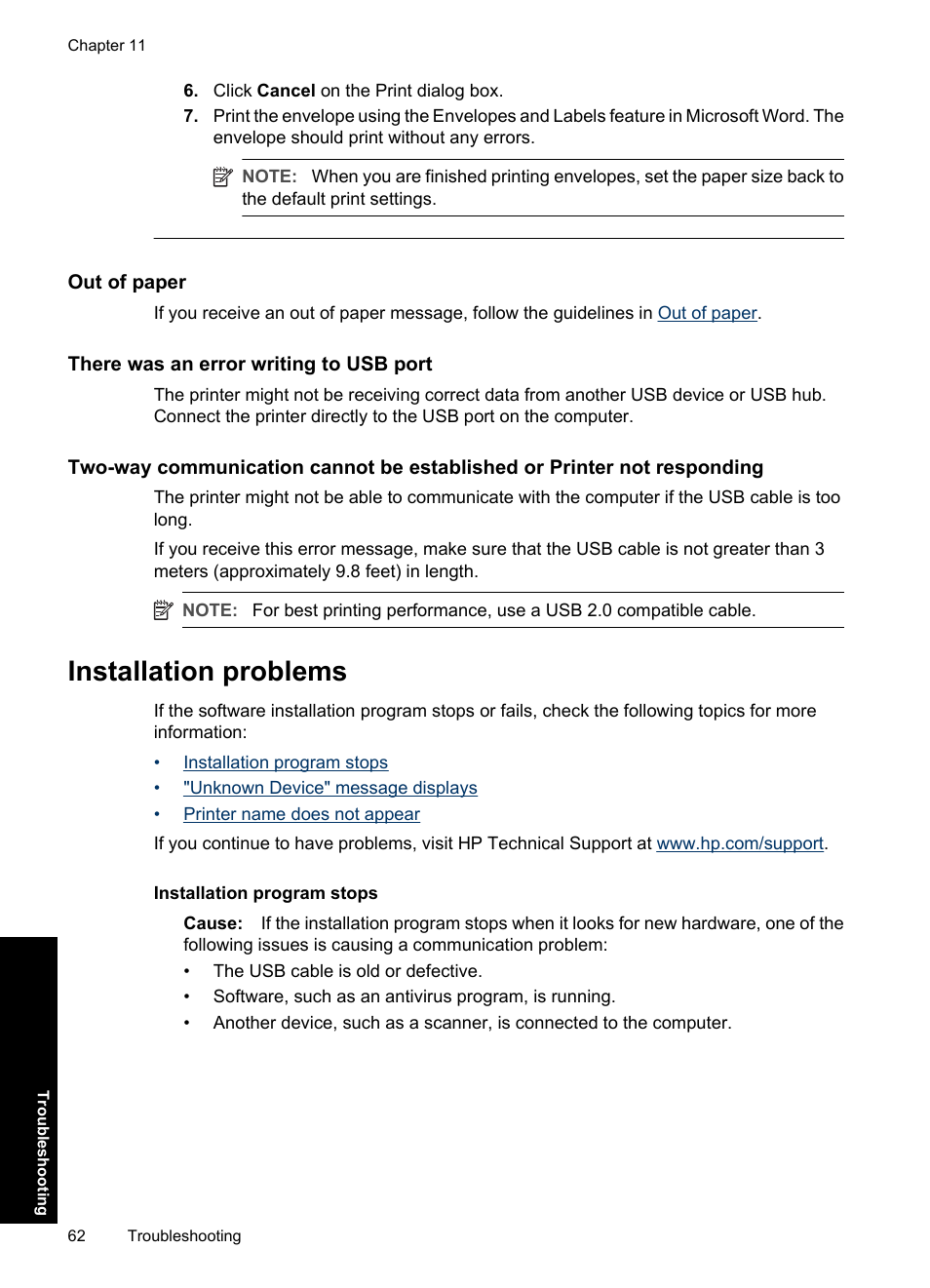 Out of paper, There was an error writing to usb port, Installation problems | HP Deskjet D1550 Printer User Manual | Page 65 / 113