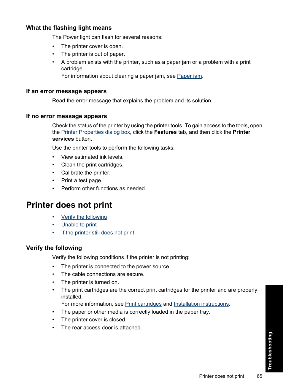 What the flashing light means, If an error message appears, If no error message appears | Printer does not print, Verify the following | HP Deskjet D1550 Printer User Manual | Page 68 / 113