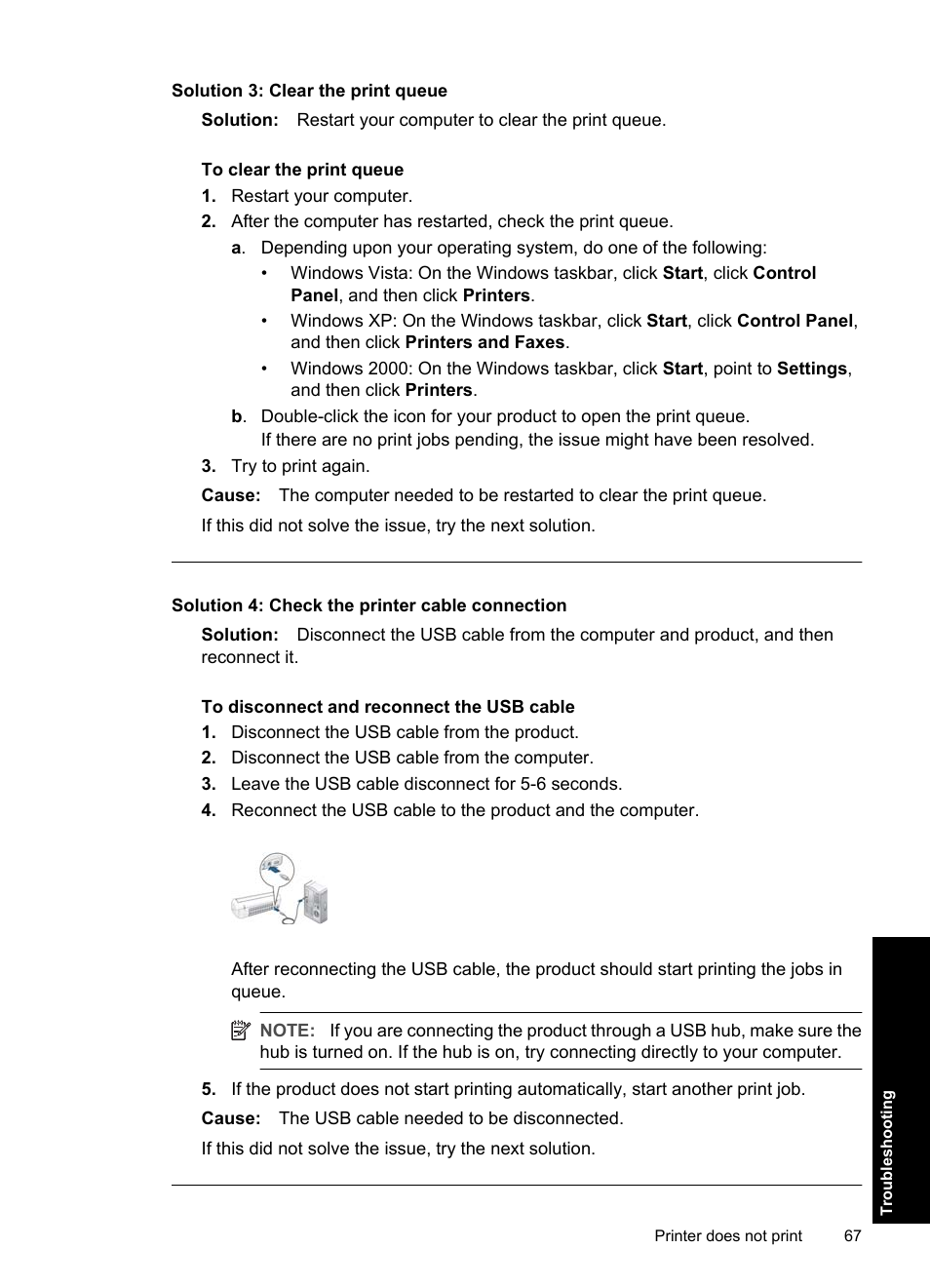 Solution 3: clear the print queue, Solution 4: check the printer cable connection | HP Deskjet D1550 Printer User Manual | Page 70 / 113