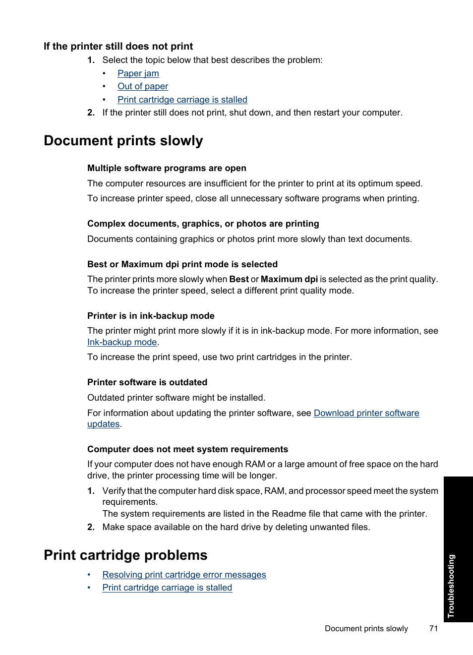 If the printer still does not print, Document prints slowly, Print cartridge problems | Document prints slowly print cartridge problems | HP Deskjet D1550 Printer User Manual | Page 74 / 113