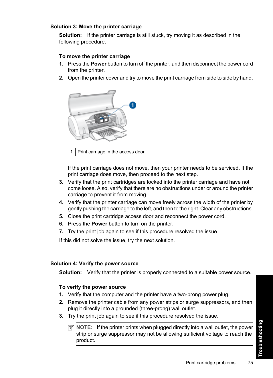 Solution 3: move the printer carriage, Solution 4: verify the power source | HP Deskjet D1550 Printer User Manual | Page 78 / 113