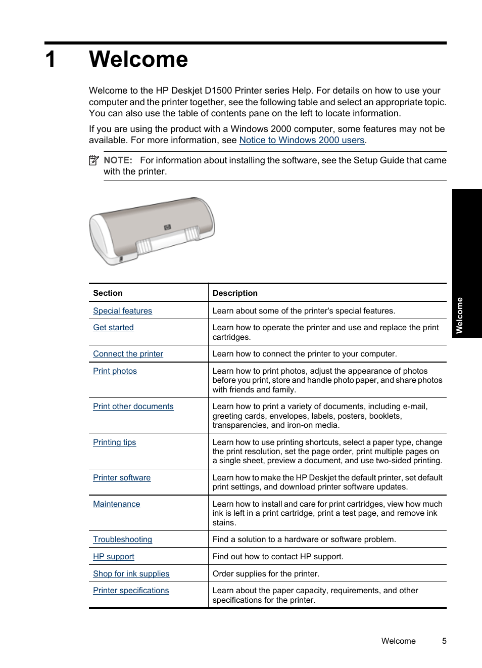 Welcome, 1 welcome, 1welcome | HP Deskjet D1550 Printer User Manual | Page 8 / 113