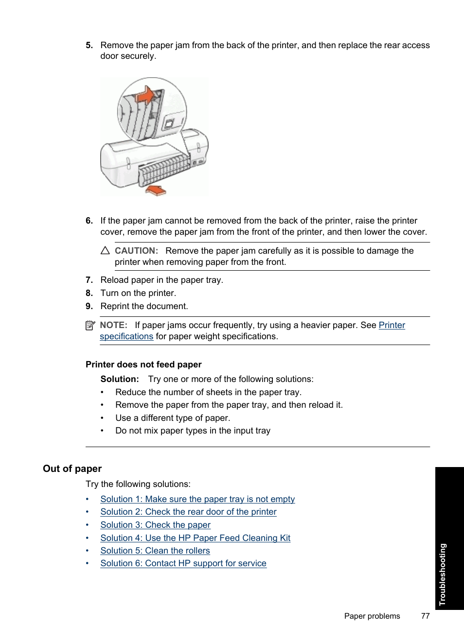 Out of paper, For h, Printer does not feed paper | HP Deskjet D1550 Printer User Manual | Page 80 / 113