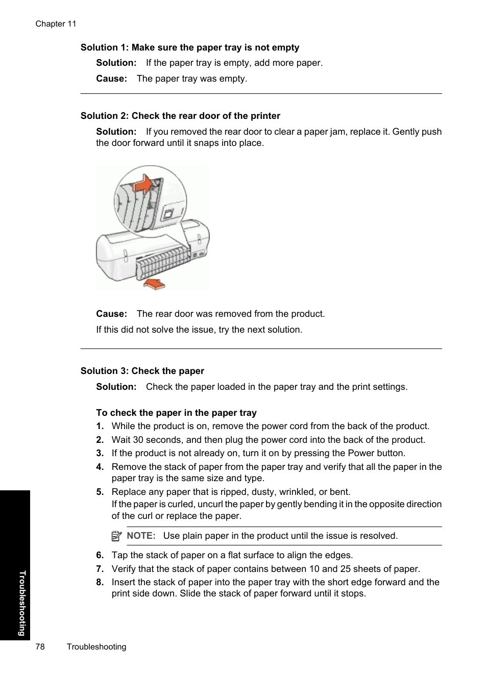 Solution 1: make sure the paper tray is not empty, Solution 2: check the rear door of the printer, Solution 3: check the paper | HP Deskjet D1550 Printer User Manual | Page 81 / 113