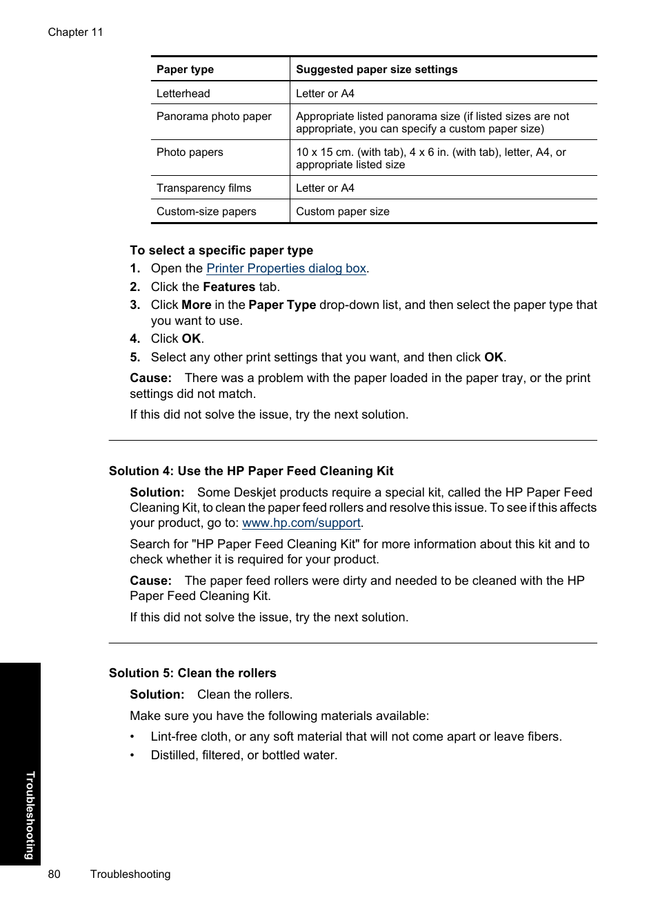 Solution 4: use the hp paper feed cleaning kit, Solution 5: clean the rollers | HP Deskjet D1550 Printer User Manual | Page 83 / 113