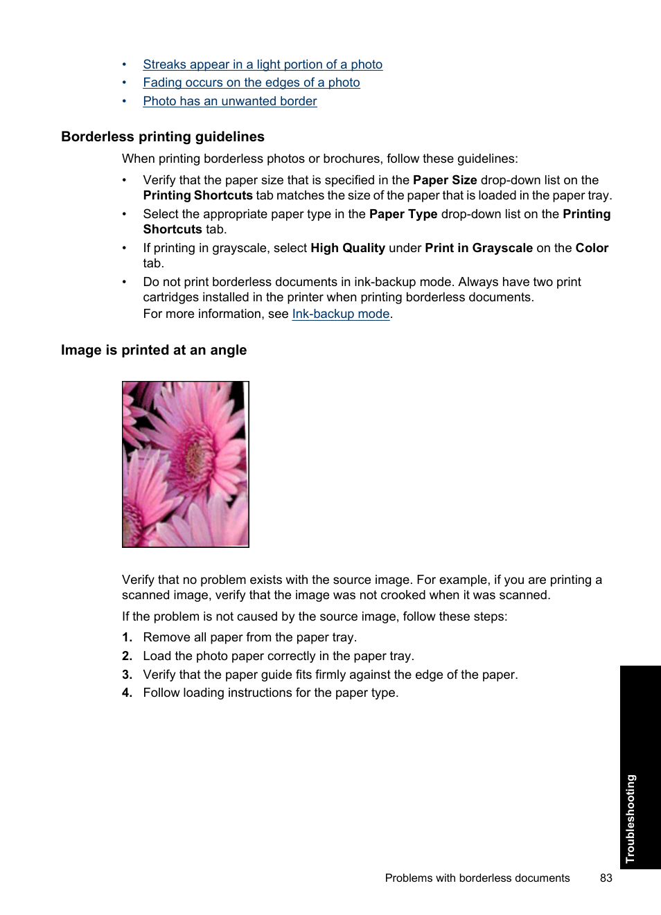 Borderless printing guidelines, Image is printed at an angle | HP Deskjet D1550 Printer User Manual | Page 86 / 113