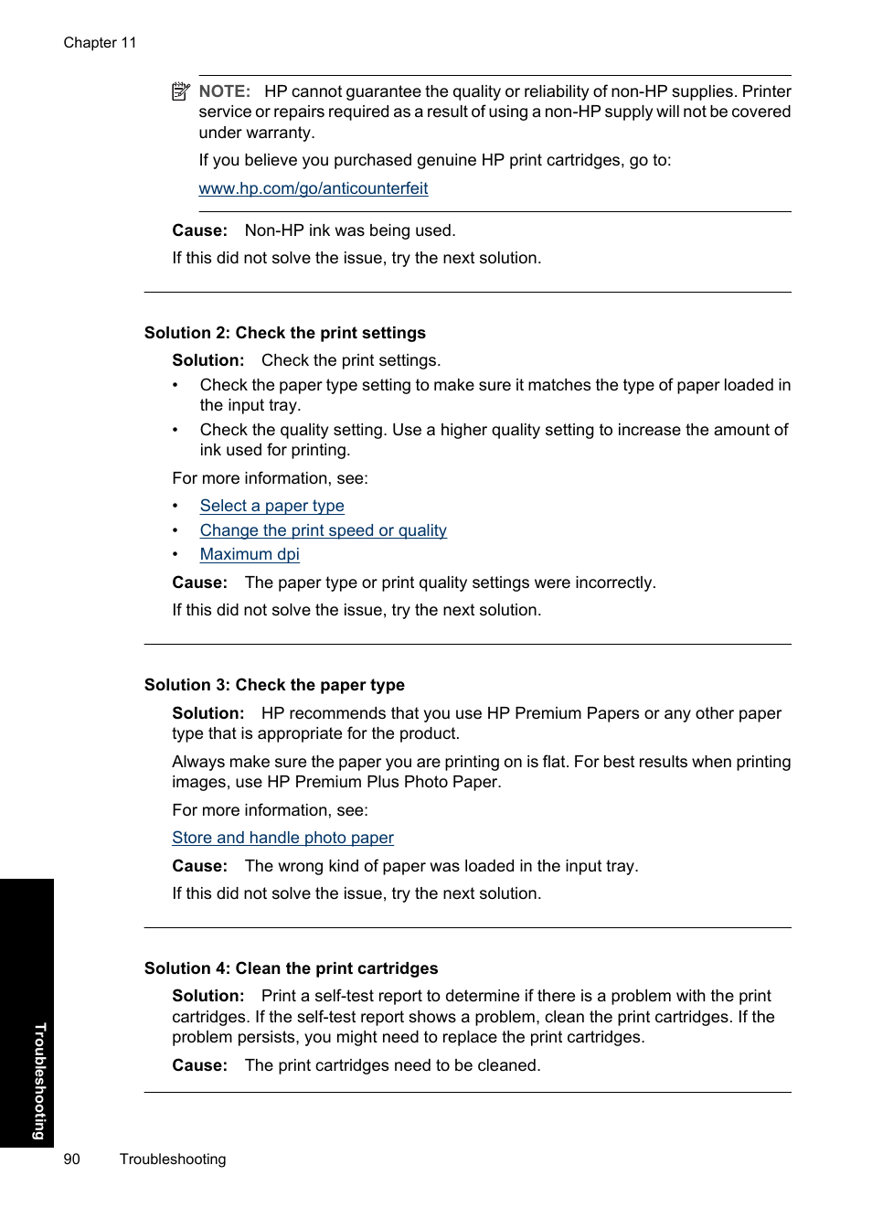 Solution 2: check the print settings, Solution 3: check the paper type, Solution 4: clean the print cartridges | HP Deskjet D1550 Printer User Manual | Page 93 / 113