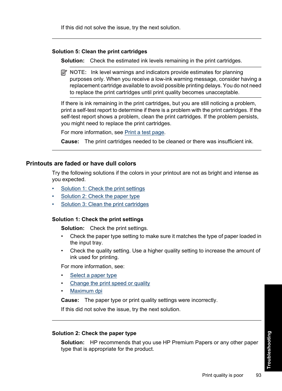 Printouts are faded or have dull colors, Solution 5: clean the print cartridges | HP Deskjet D1550 Printer User Manual | Page 96 / 113