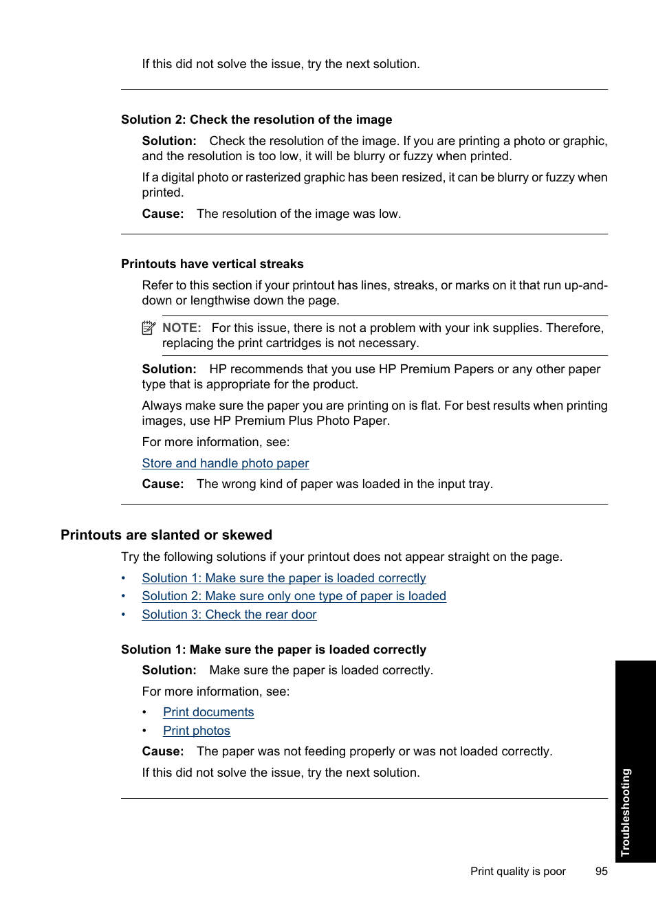 Printouts are slanted or skewed, Printouts have vertical streaks, Solution 2: check the resolution of the image | HP Deskjet D1550 Printer User Manual | Page 98 / 113